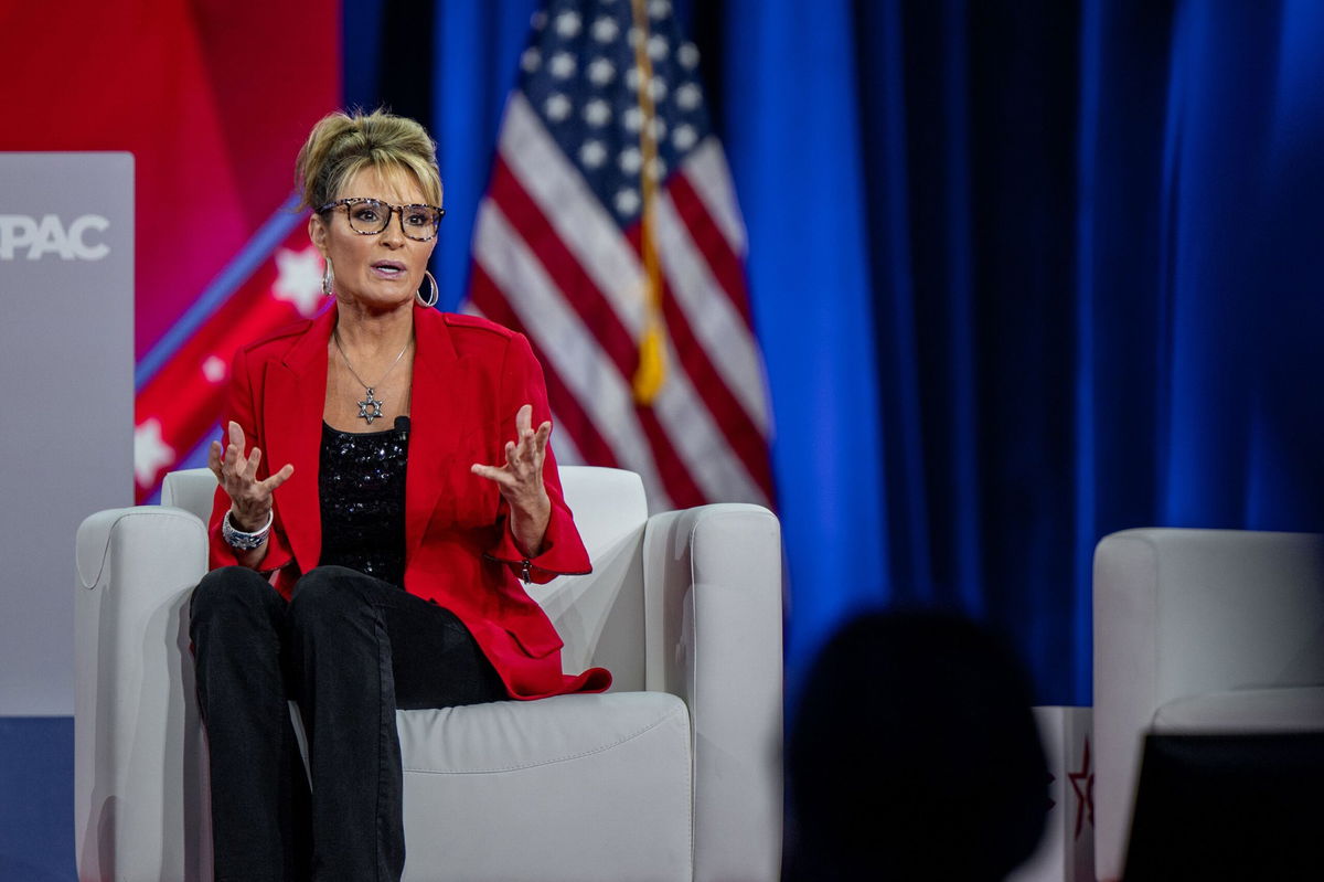 <i>Brandon Bell/Getty Images/File via CNN Newsource</i><br/>Former Alaska Gov. Sarah Palin speaks at the Conservative Political Action Conference in August 2022 in Dallas