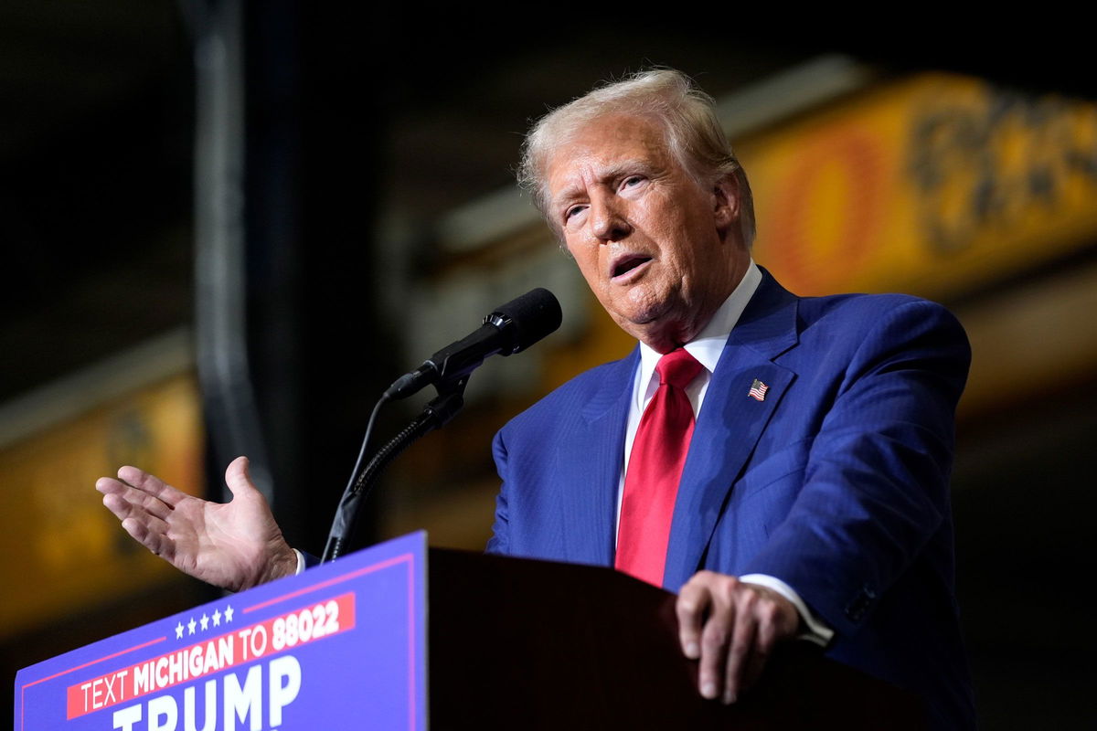 <i>Alex Brandon/AP via CNN Newsource</i><br/>Former President Donald Trump speaks during a campaign event at Alro Steel on August 29