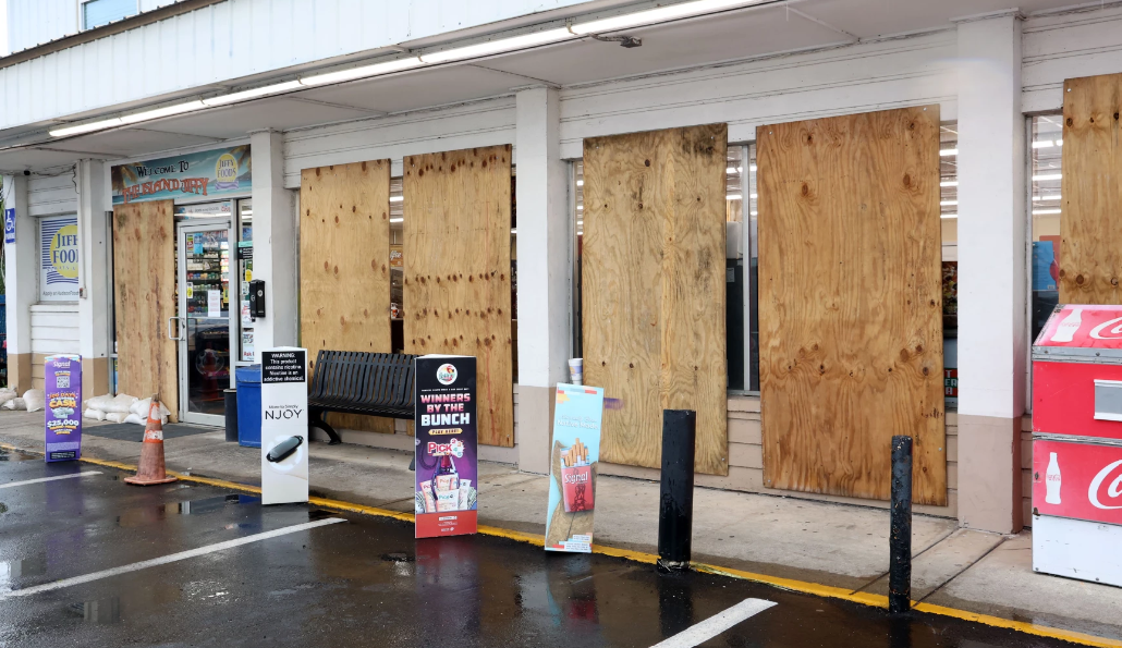 <i>WUFT via CNN Newsource</i><br/>Store windows are boarded in Cedar Key in preparation for Hurricane Helene which is expected to make landfall as a Category 3 hurricane on September 26.