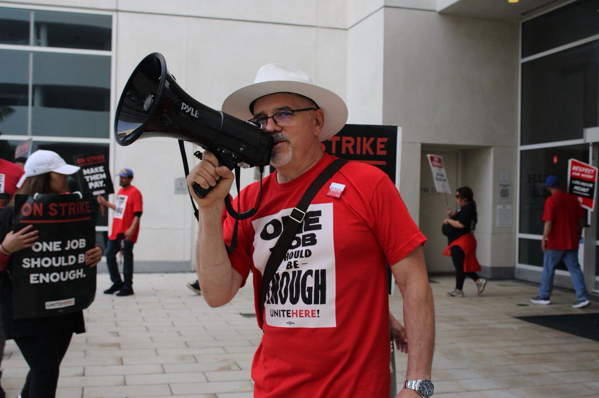 <i>Courtesy UNITE HERE Local 30 via CNN Newsource</i><br/>Hotel workers on strike at the Hilton San Diego Bayfront on September 4.