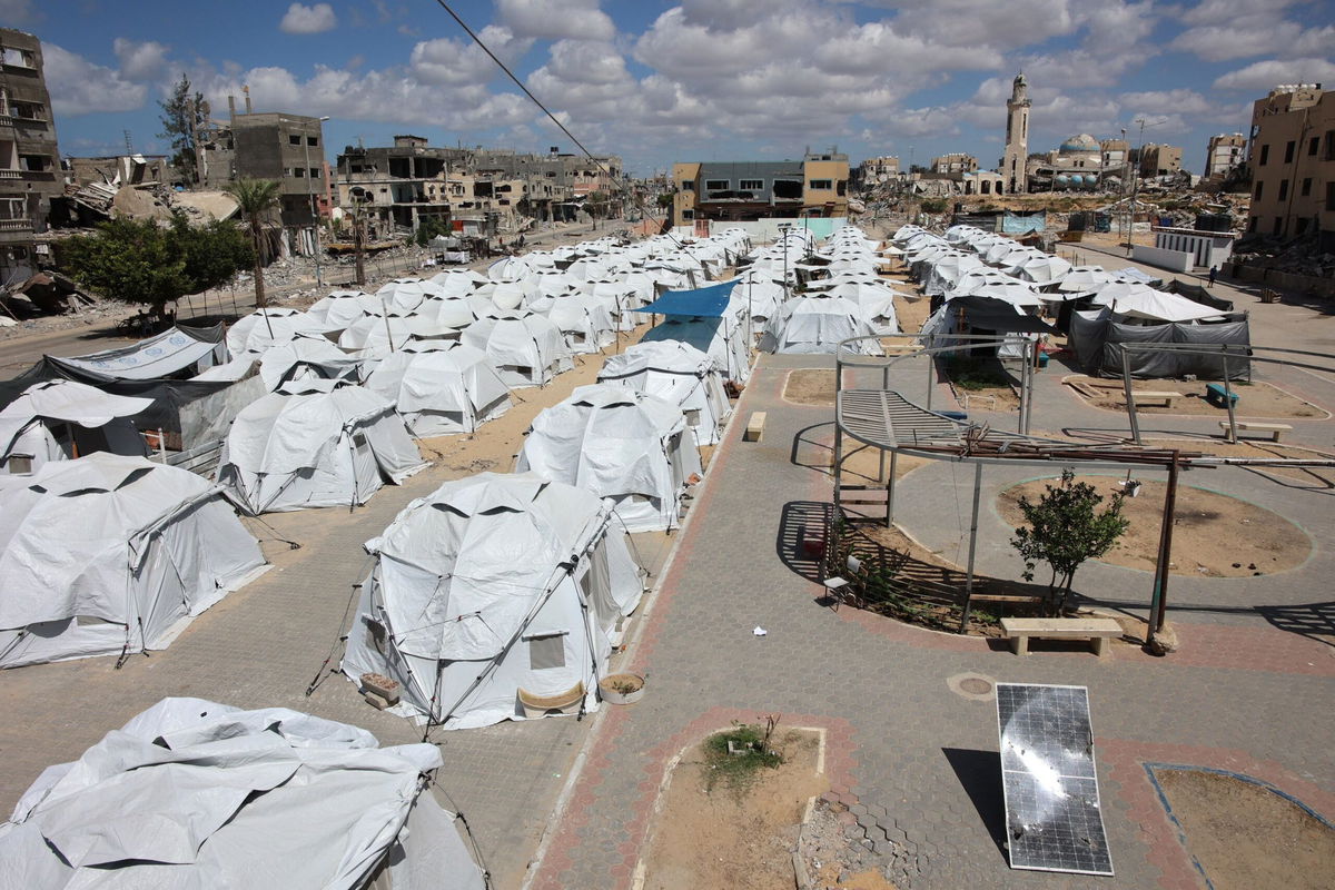 <i>Omar Al-Qattaa/AFP/Getty Images via CNN Newsource</i><br/>Rows of tents are set up for displaced Palestinians in Beit Lahia in the northern Gaza Strip.