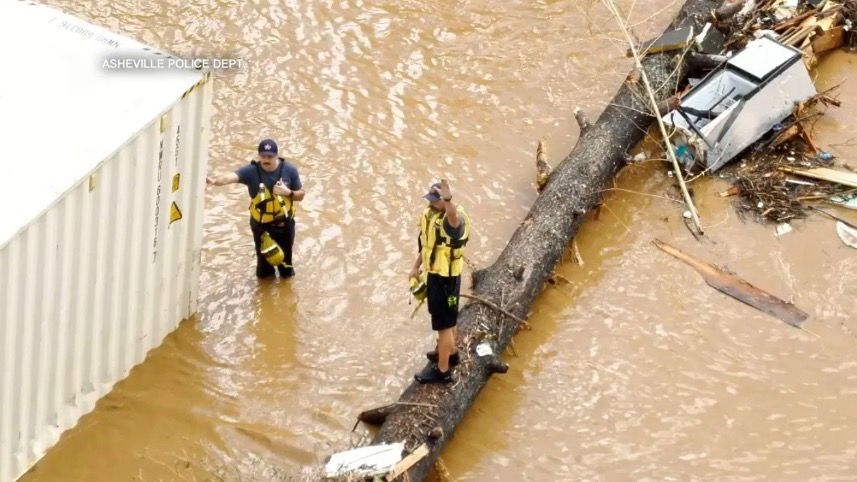 <i>Asheville Police Department via CNN Newsource</i><br/>Search and rescue efforts in the aftermath of Helene are pictured from the APD in Asheville