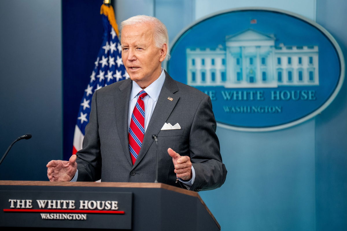 <i>Andrew Harnik/Getty Images via CNN Newsource</i><br/>U.S. President Joe Biden speaks during a news conference in the Brady Press Briefing Room at the White House on October 04 in Washington