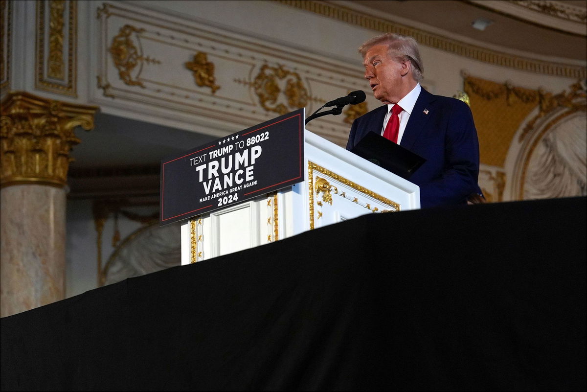 <i>Julia Demaree Nikhinson/AP via CNN Newsource</i><br/>Republican presidential nominee former President Donald Trump speaks at his Mar-a-Lago estate