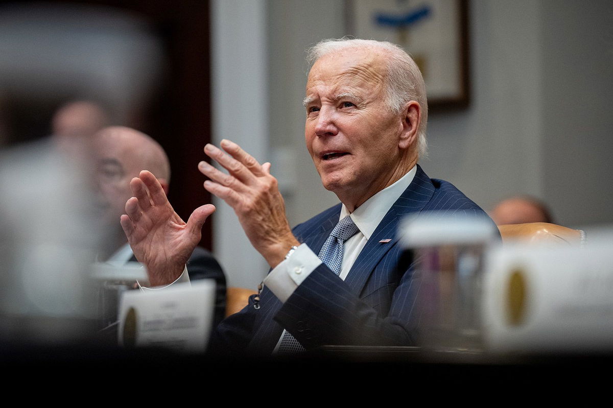 <i>Andrew Harnik/Getty Images via CNN Newsource</i><br/>President Joe Biden gives an update on the government's response to Hurricanes Milton and Helene in the Roosevelt Room of the White House on October 11