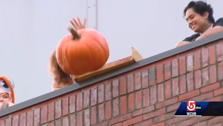 <i>WCVB via CNN Newsource</i><br/>Boston University hosted their annual pumpkin drop on October 30. Students gather at the Metclaf Science Center where other students drop pumpkins off the roof of the fourth story of that building and observe as they fall to the ground and smash.