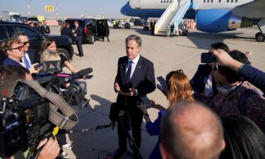 Secretary of State Antony Blinken speaks with members of the media at Ben Gurion International Airport in Tel Aviv