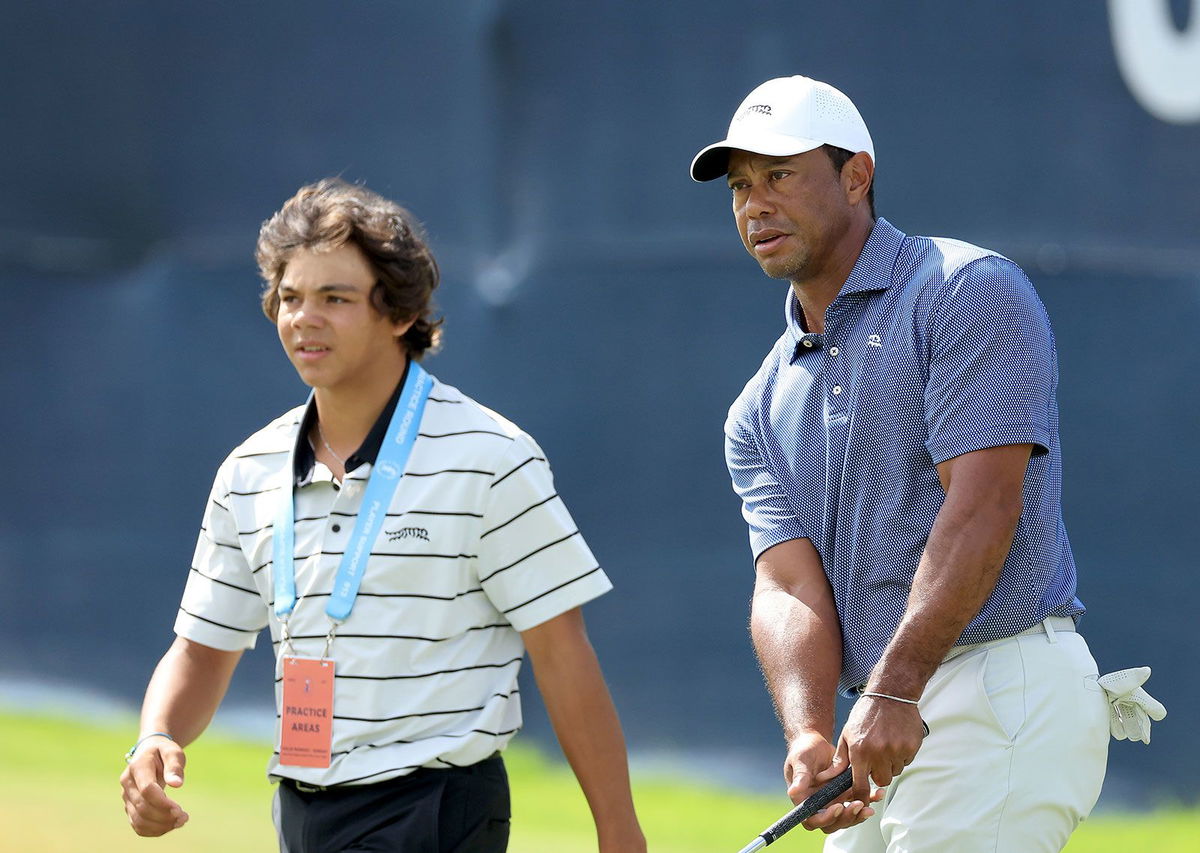 <i>David Cannon/Getty Images/File via CNN Newsource</i><br/>Tiger Woods with son