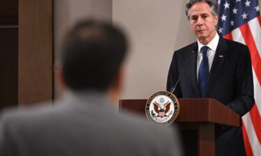 Secretary of State Antony Blinken is pictured at a news conference in Jordan's southern city of Aqaba on Saturday