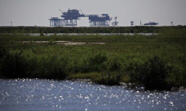 Offshore oil well platforms in the Gulf of Mexico off Port Fourchon