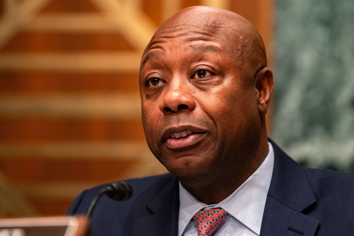 <i>Kent Nishimura/Getty Images via CNN Newsource</i><br/>Republican Sen. Tim Scott of South Carolina speaks during a Senate Banking