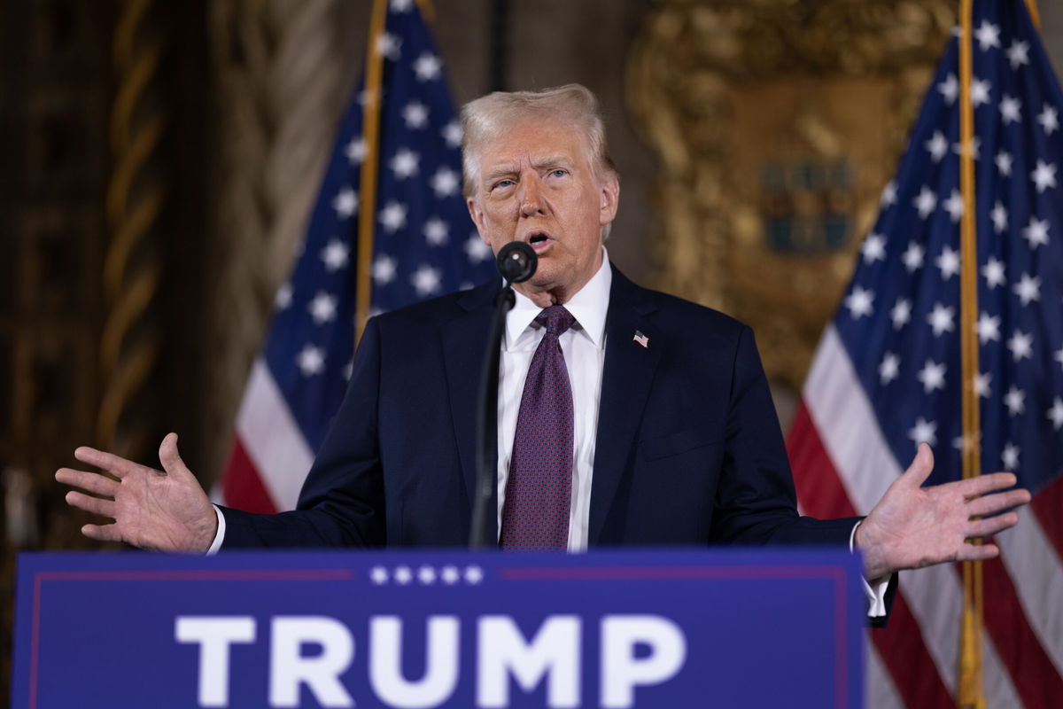 <i>Scott Olson/Getty Images North America/Getty Images via CNN Newsource</i><br/>U.S. President-elect Donald Trump speaks to members of the media during a press conference at the Mar-a-Lago Club on January 7 in Palm Beach