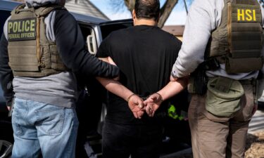 US Immigration and Customs Enforcement agents detain a suspect during a multi-agency enforcement operation in Lyons