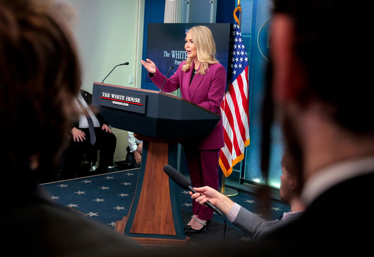 <i>Chip Somodevilla/Getty Images via CNN Newsource</i><br/>White House Press Secretary Karoline Leavitt holds her first news conference in the Brady Press Briefing Room at the White House on Tuesday in Washington