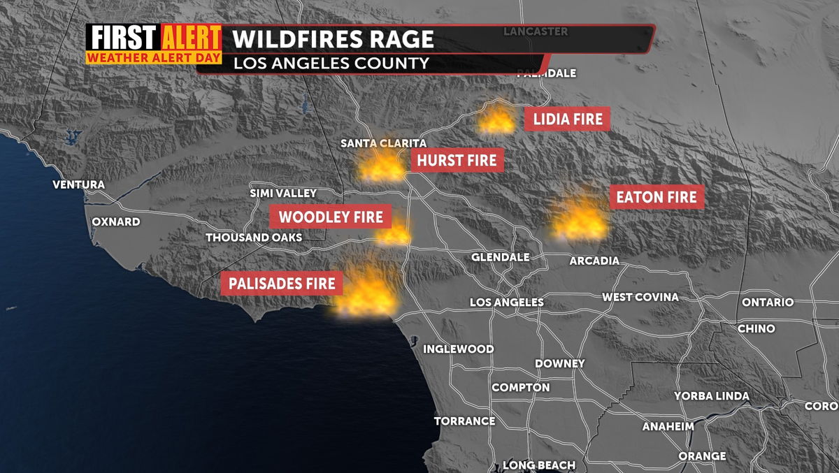 Multiple major fires burn over 27,000 acres in Los Angeles County area