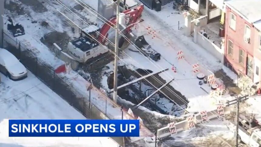 <i>WPVI via CNN Newsource</i><br/>A massive sinkhole opened in a Hunting Park roadway just moments after a SEPTA bus passed over a buckling section of the street.