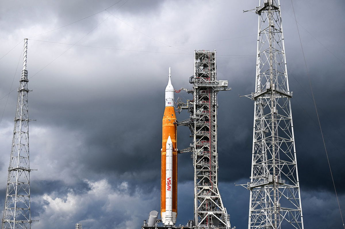 <i>Chandan Khanna/AFP/Getty Images via CNN Newsource</i><br/>The Artemis I lunar rocket sits on the launchpad at NASA's Kennedy Space Center in Florida in September 2022