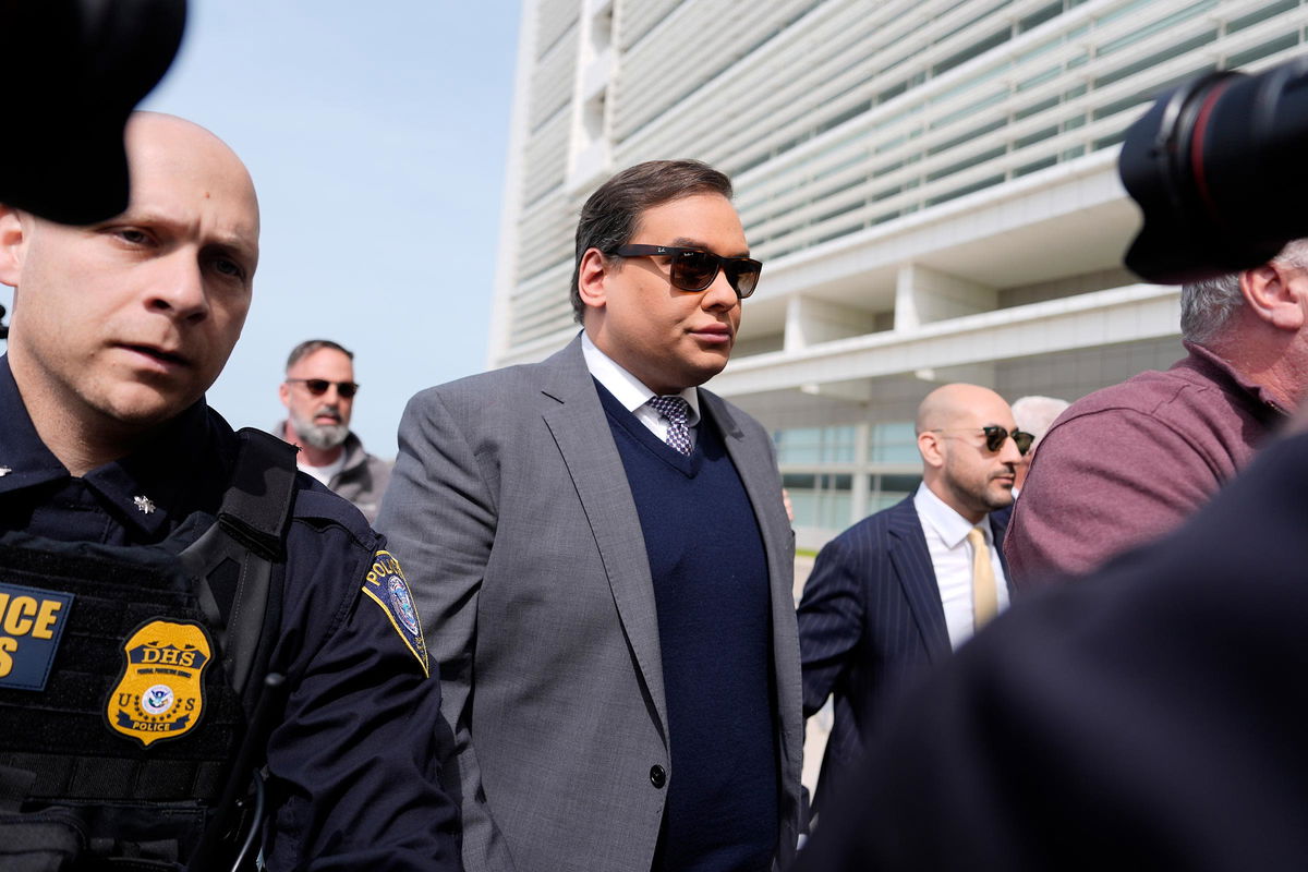 <i>Julia Demaree Nikhinson/AP via CNN Newsource</i><br/>George Santos arrives at federal court for sentencing on April 25 in Central Islip