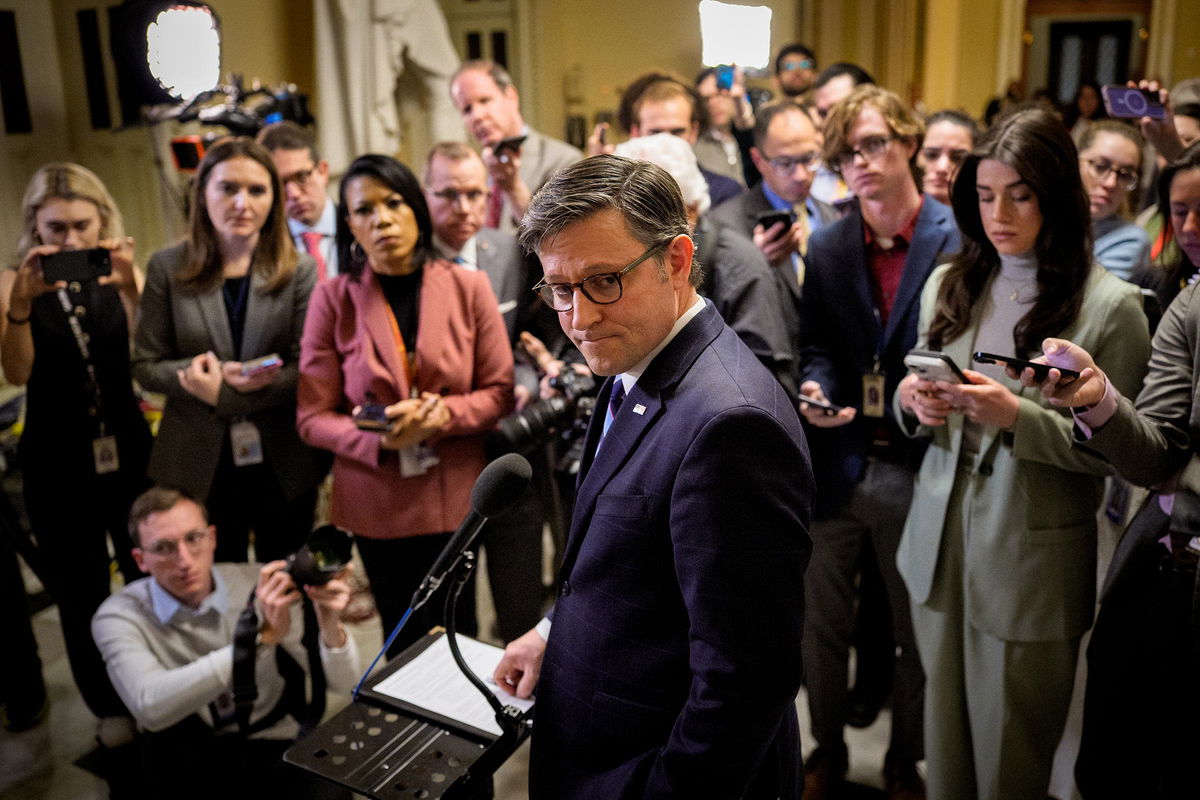 <i>Andrew Harnik/Getty Images via CNN Newsource</i><br/>House Speaker Mike Johnson takes a question from a reporter after the House passes the Republican's budget plan at the US Capitol on April 10 in Washington