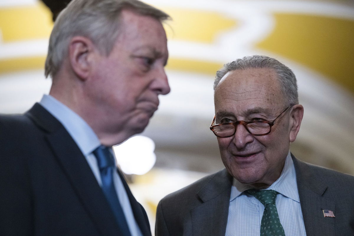 <i>Annabelle Gordon/Sipa USA/AP/File via CNN Newsource</i><br/>Senate Minority Leader Chuck Schumer speaks to Sen. Dick Durbin in Washington