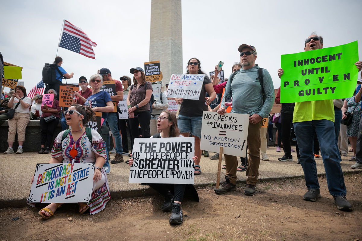 <i>Kayla Bartkowski/Getty Images via CNN Newsource</i><br/>Protesters opposed to the Trump administration gathered on April 19 in Washington