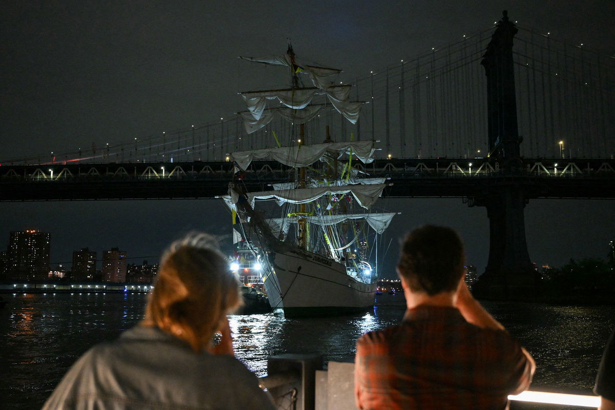 <i>Nick Corso/AP via CNN Newsource</i><br/>The ship's masts were damaged in the collision.