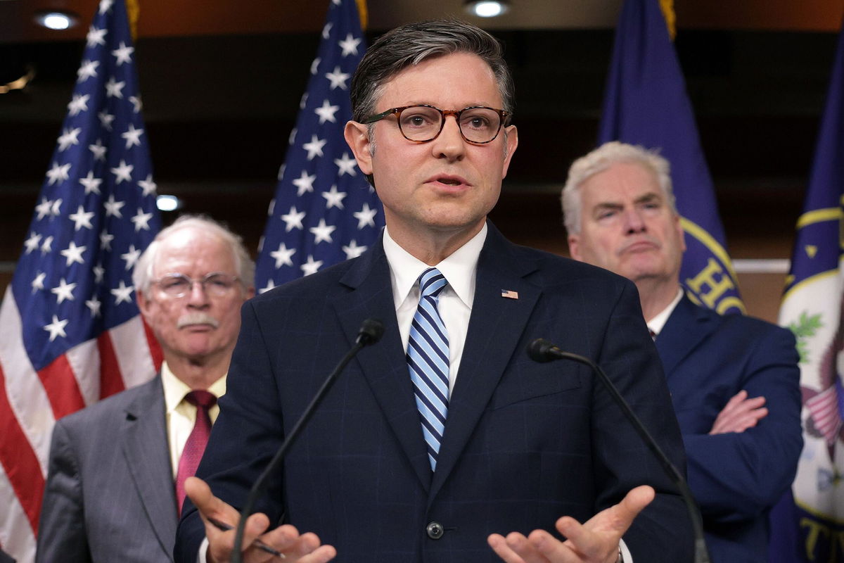 <i>Alex Wong/Getty Images via CNN Newsource</i><br/>Speaker of the House Mike Johnson at a news conference in the US Capitol on May 14.