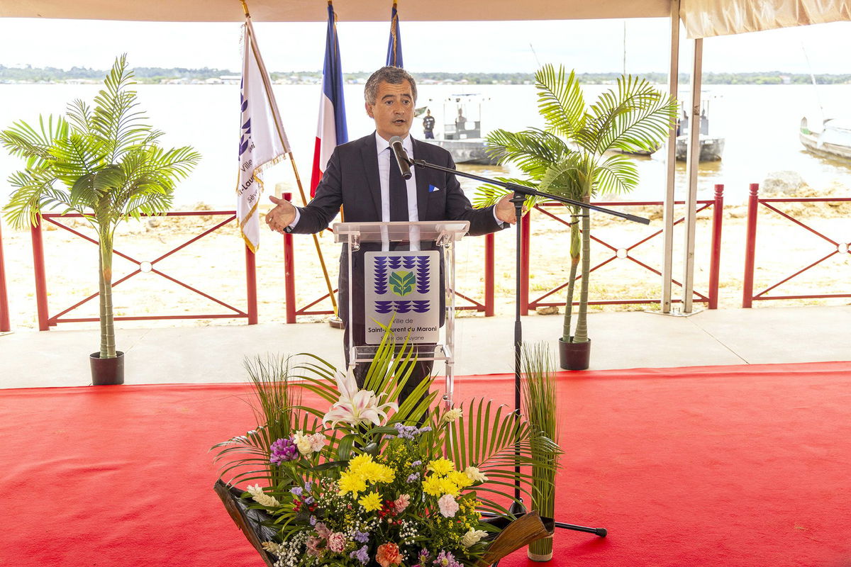 <i>Ronan Lietar/AFP/Getty Images via CNN Newsource</i><br/>French Minister of Justice Gérald Darmanin speaks during a visit to French Guiana on May 18