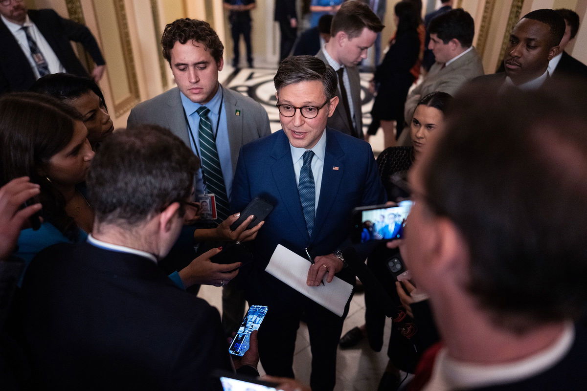 <i>Tom Williams/CQ-Roll Call/Getty Images via CNN Newsource</i><br/>House Speaker Mike Johnson talks with reporters in the US Capitol on Thursday