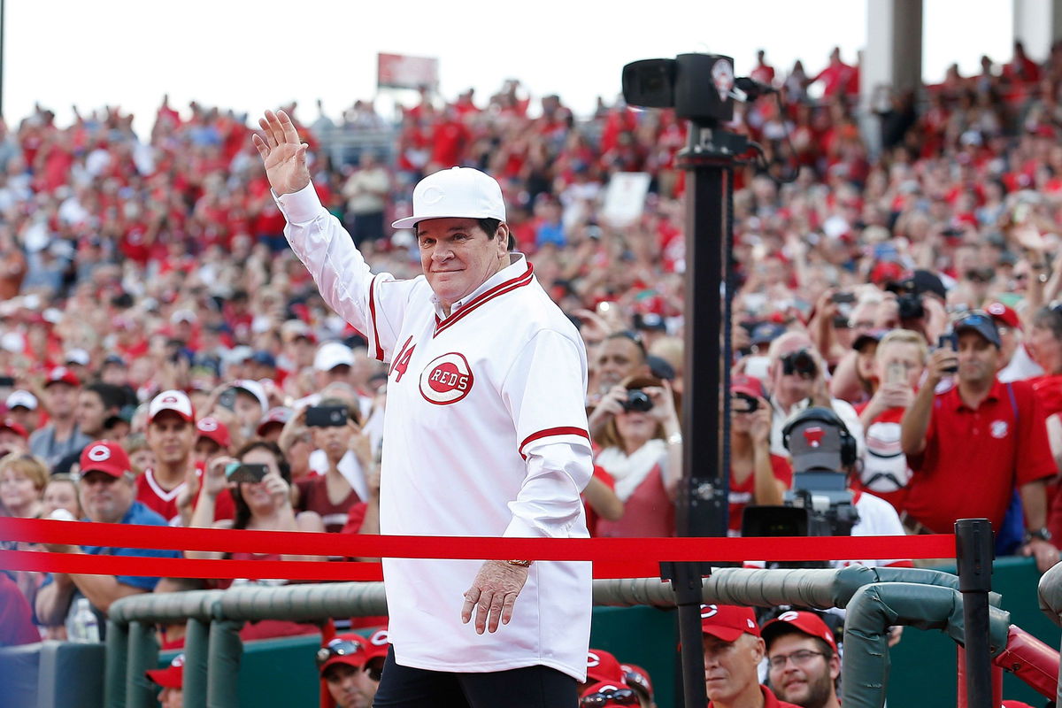 <i>Kirk Irwin/Getty Images via CNN Newsource</i><br/>Cincinnati Reds' Pete Rose is introduced to the crowd as the 1976 World Series Championship team was honored in 2016.