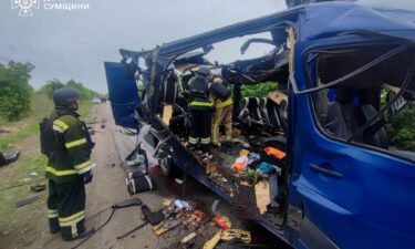Rescuers recover the bodies of passengers after a Russian drone struck a bus in the Sumy region.