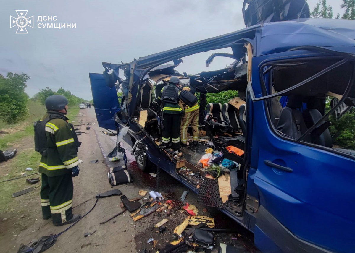 <i>Ukrainian Emergency Service/AP via CNN Newsource</i><br/>Rescuers recover the bodies of passengers after a Russian drone struck a bus in the Sumy region.