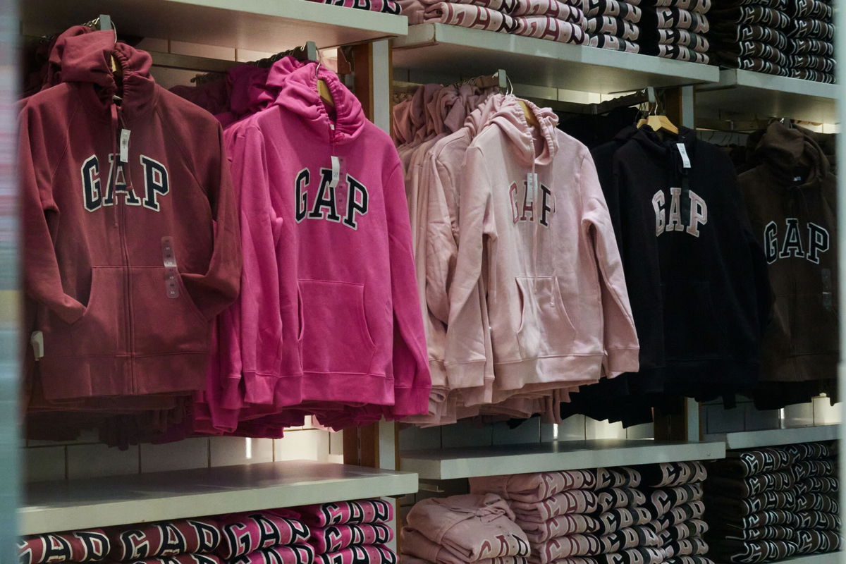<i>Bing Guan/Bloomberg/Getty Images via CNN Newsource</i><br/>Sweatshirts inside a Gap store in the Times Square neighborhood of New York in November 2023. Gap said May 29 that President Donald Trump’s tariffs on China will cost the company up to $300 million this year.