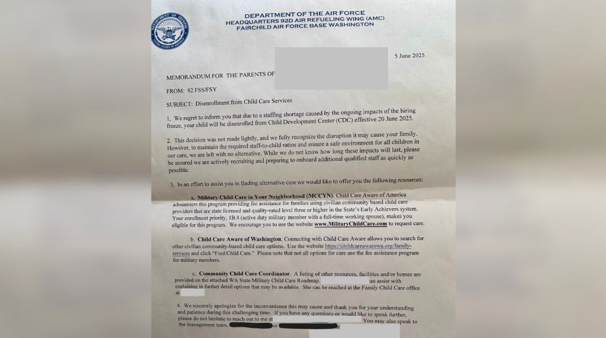 <i>KXLY via CNN Newsource</i><br/>A letter sent to 24 families at Fairchild told them they'd been unenrolled from the Child Development Center effective June 20.