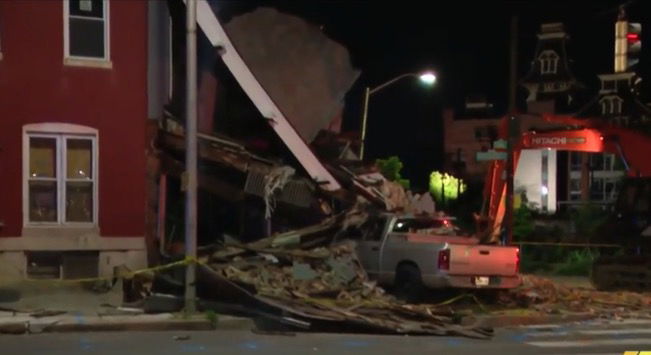 <i>WBAL via CNN Newsource</i><br/>A pickup truck drove into a building in East Baltimore on June 2 at night