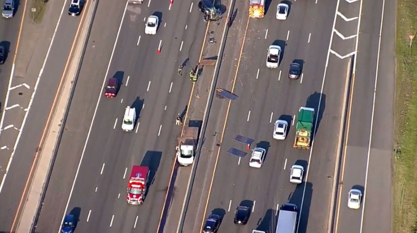 <i>WCVB via CNN Newsource</i><br/>A sport utility vehicle crashed into the back of a flatbed truck on Route 128 in Burlington