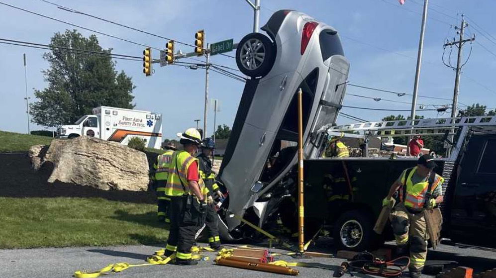 <i>Neversink Fire Company via CNN Newsource</i><br/>A car flipped and landed on its front grill in Lebanon County on June 23