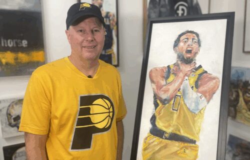 Chuck Horsman has created a painting of star player Tyrese Haliburton dramatically performing the classic "choke" gesture during a crucial win against the New York Knicks.