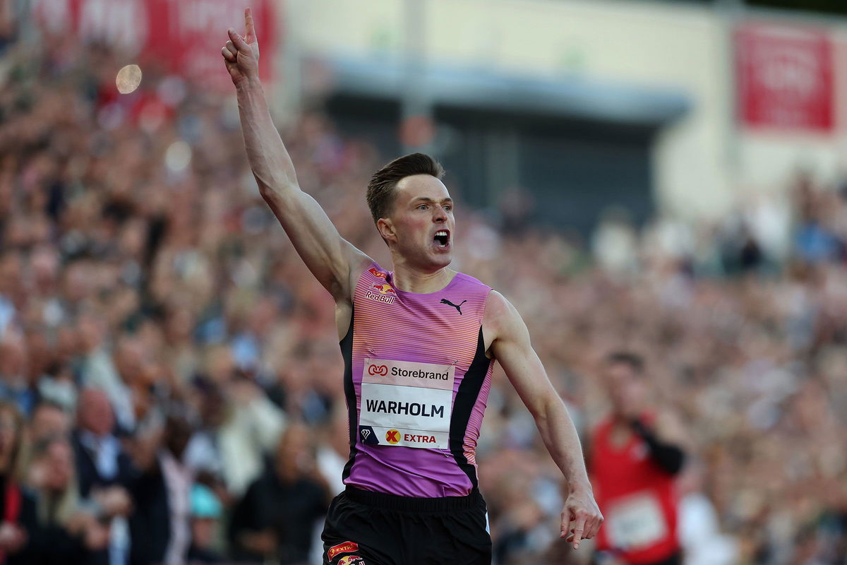 <i>Maja Hitij/Getty Images via CNN Newsource</i><br/>Warholm celebrates winning the 300m hurdles at the Oslo Diamond League.