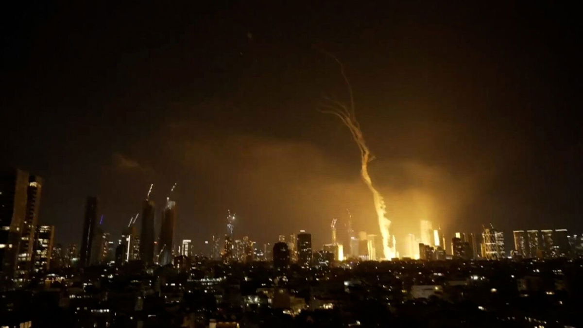 <i>Reuters via CNN Newsource</i><br/>This still from a video shows strikes in Tel Aviv