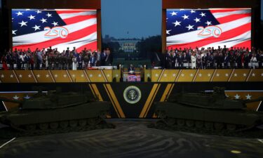 President Donald Trump speaks at a military parade to commemorate the US Army's 250th birthday