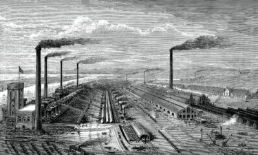 An iron and steel works factory in England in 1880.