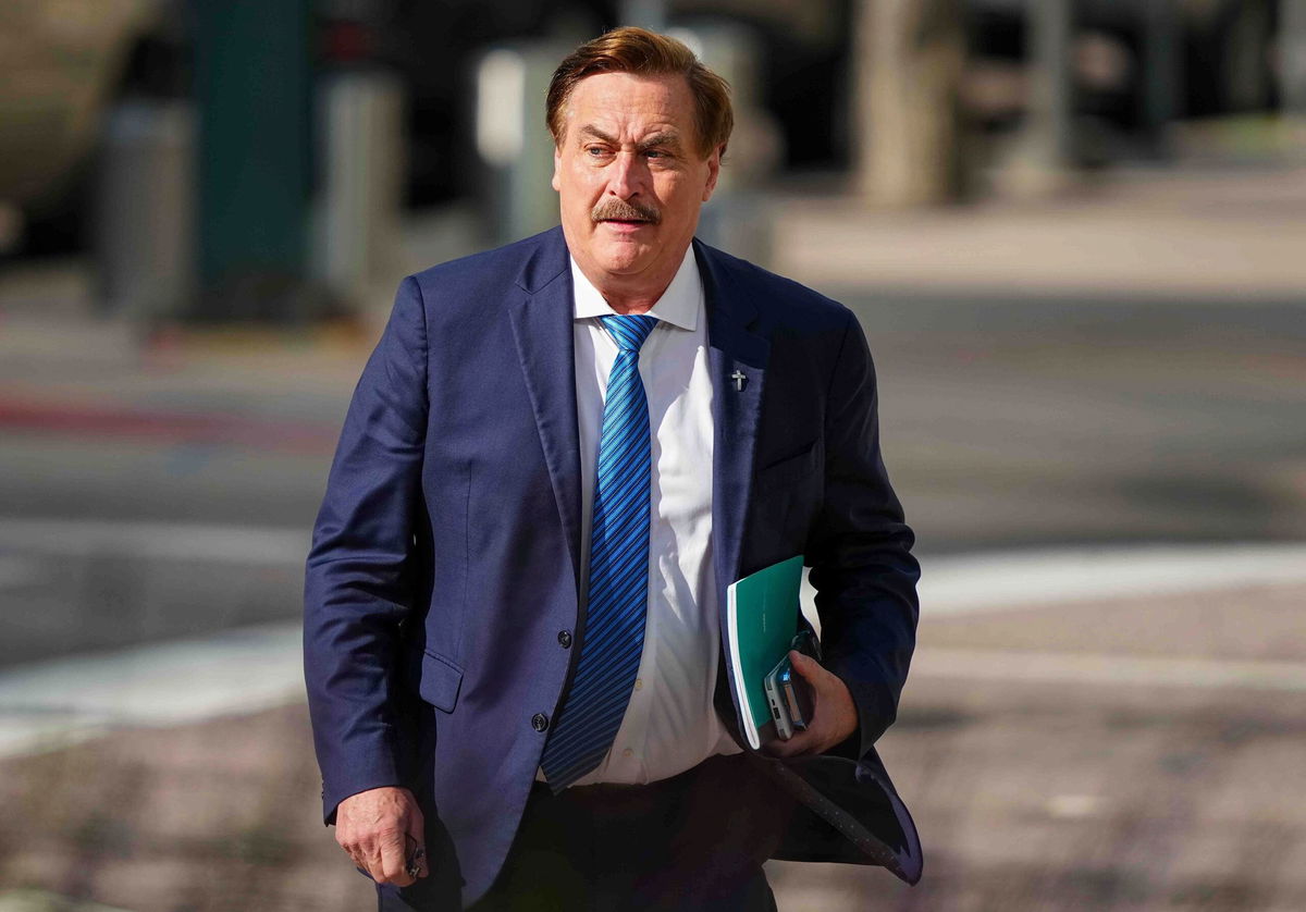 <i>Jack Dempsey/AP via CNN Newsource</i><br/>Mike Lindell walks into federal district court for a defamation trial on June 5 in Denver. (AP Photo/Jack Dempsey)