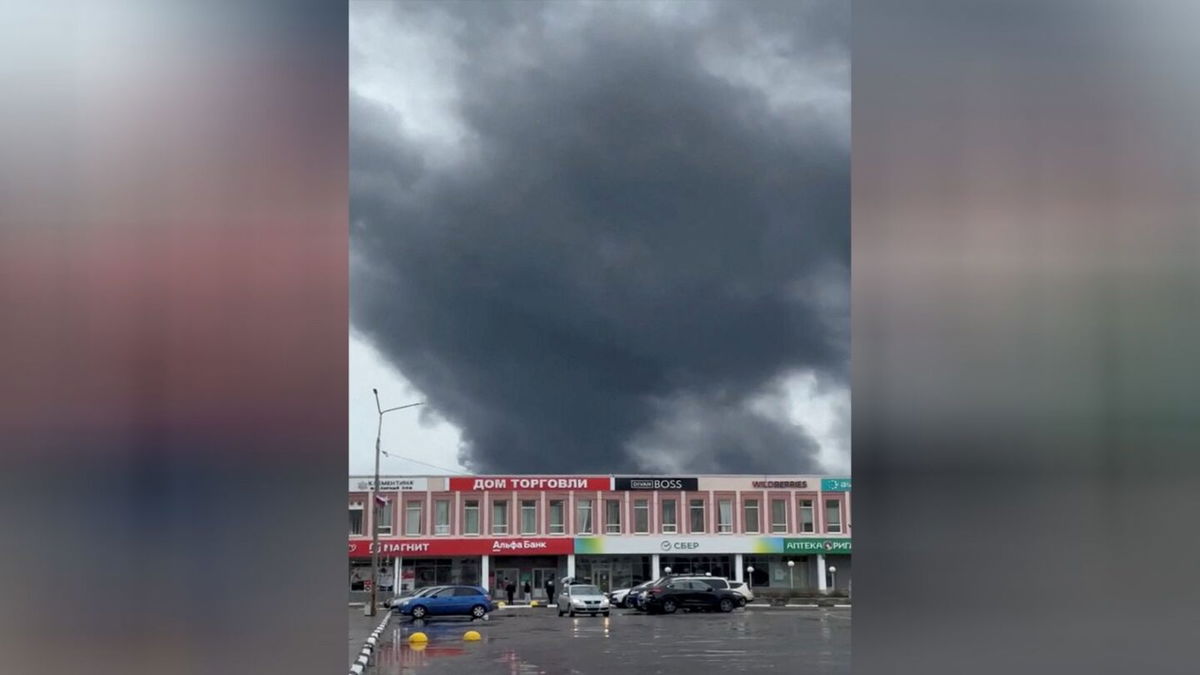 <i>Social Media via Reuters via CNN Newsource</i><br/>Smoke rises following what local authorities called a Ukrainian drone attack in Olenegorsk of the Murmansk region