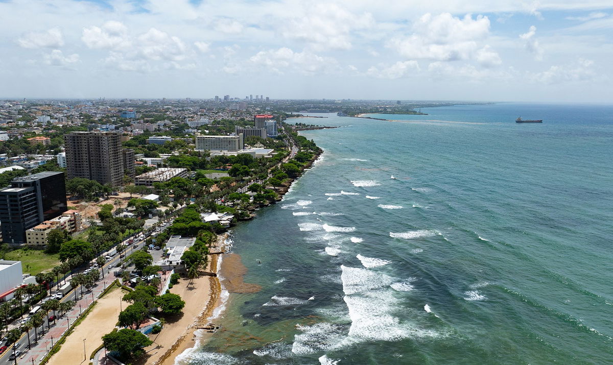 <i>Li Mengxin/Xinhua/Getty Images via CNN Newsource</i><br/>An aerial drone photo taken in May 2024 shows the coastline in Santo Domingo
