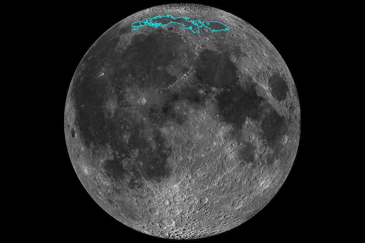 <i>NASA via CNN Newsource</i><br/>New surface features of the moon have been discovered in a region called Mare Frigoris (outlined in teal). This composite image was taken by NASA's Lunar Reconnaissance Orbiter.