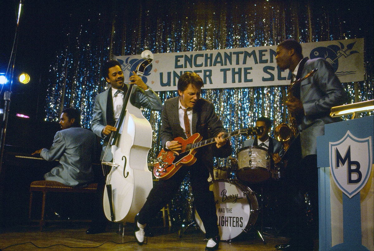 <i>Amblin Entertainment/Universal Pictures/Shutterstock via CNN Newsource</i><br/>Michael J. Fox playing the now-missing Gibson ES-345 guitar as Marty McFly in the pivotal