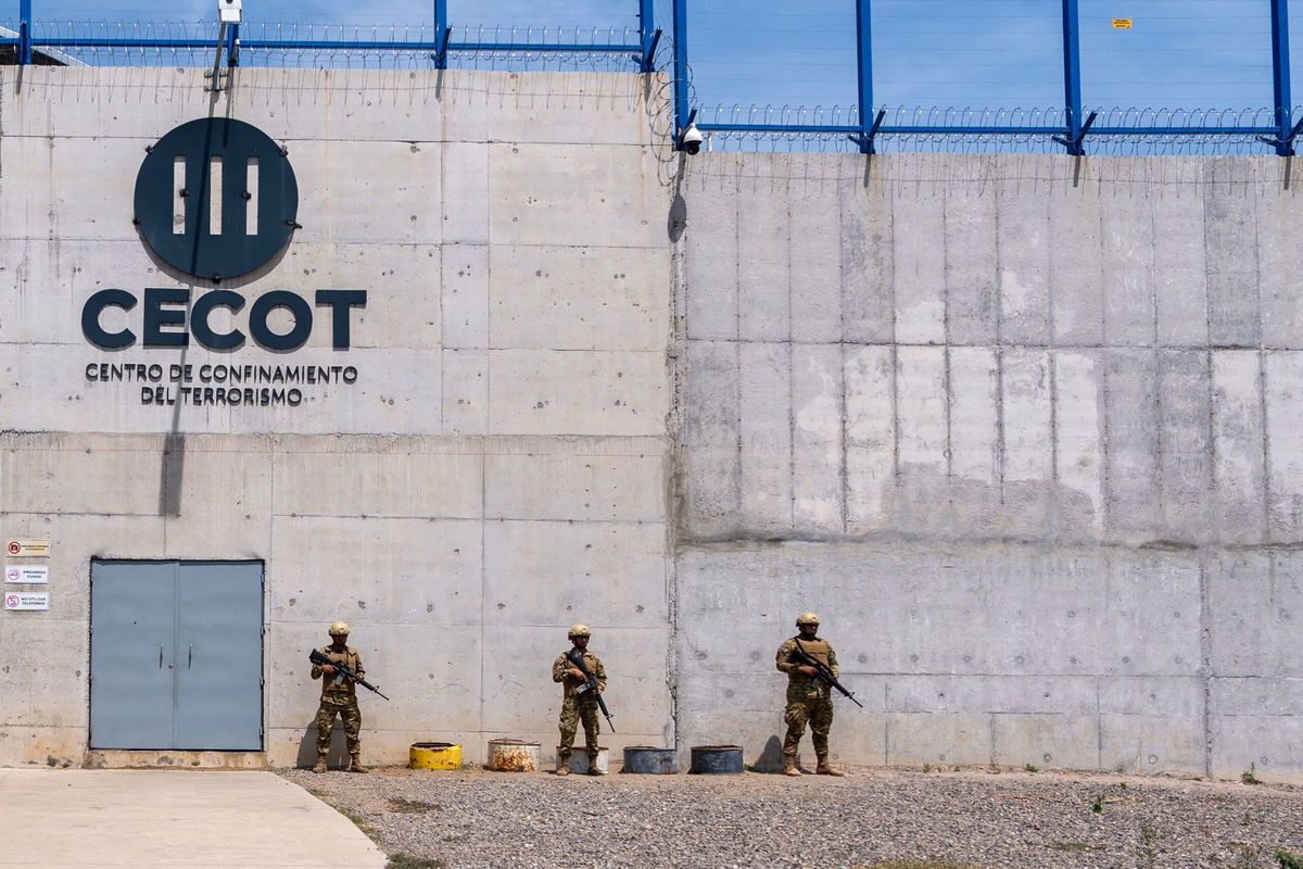 <i>Alex Brandon/Pool/Getty Images via CNN Newsource</i><br/>The exterior of the Terrorist Confinement Center as Department of Homeland Security Secretary Kristi Noem arrives on March 26 in Tecoluca