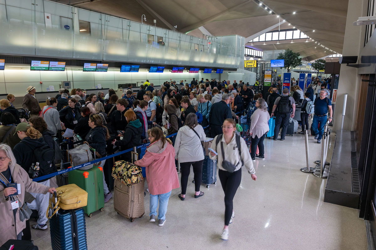 <i>Spencer Platt/Getty Images via CNN Newsource</i><br/>People wait in line for a delayed flight at Newark Liberty International Airport on May 5. The head of the Federal Aviation Administration said on June 4 he’s “confident” the technology issues at troubled Newark Liberty International Airport will be resolved by October.
