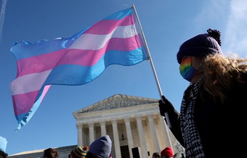 A transgender rights supporter takes part in a rally outside of the US Supreme Court as the high court hears arguments in a case on transgender health rights on December 4